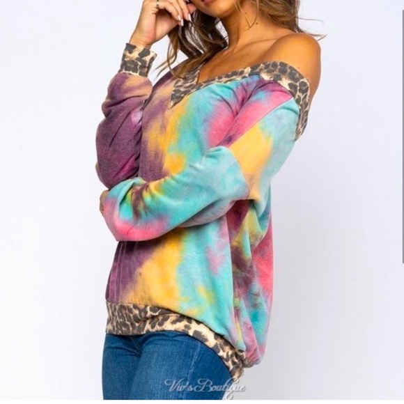 Leopard Print & Tie Dye Deep V Neck Top